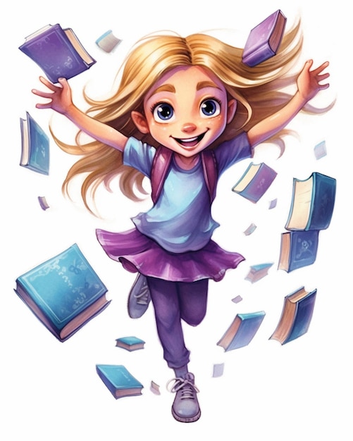 Una chica de dibujos animados con cabello rubio y falda morada saltando en el aire ai generativo