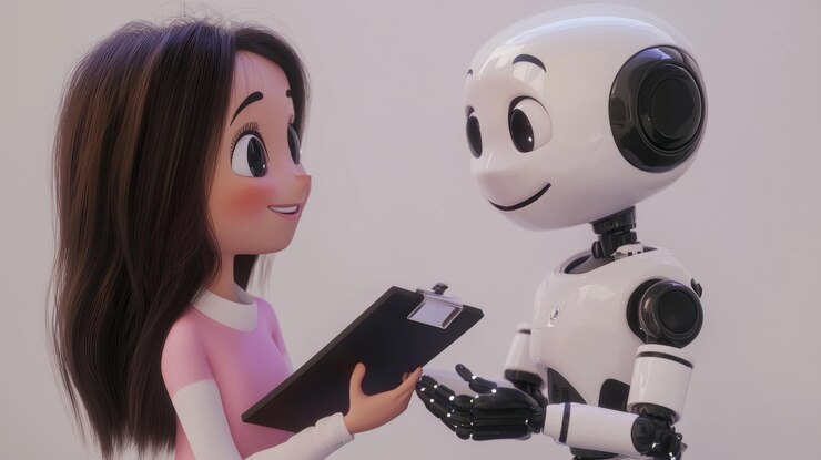 Foto una chica de dibujos animados con un clipboard está entrevistando a un lindo robot blanco con ojos grandes explorando el futuro de la tecnología y la interacción humano-robot