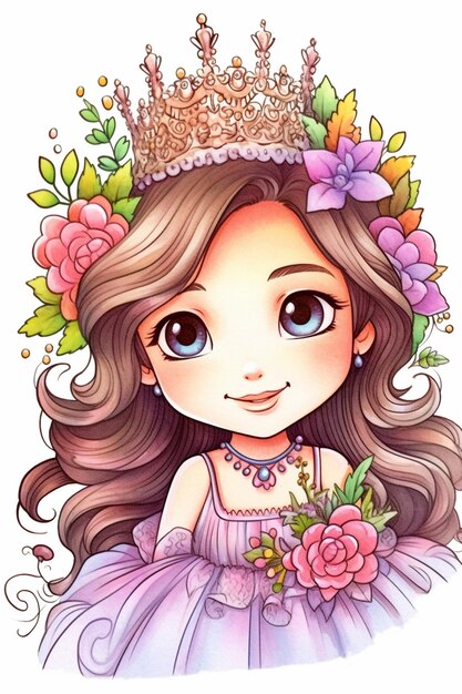 una chica de dibujos animados con una corona y flores en su cabello generativa ai