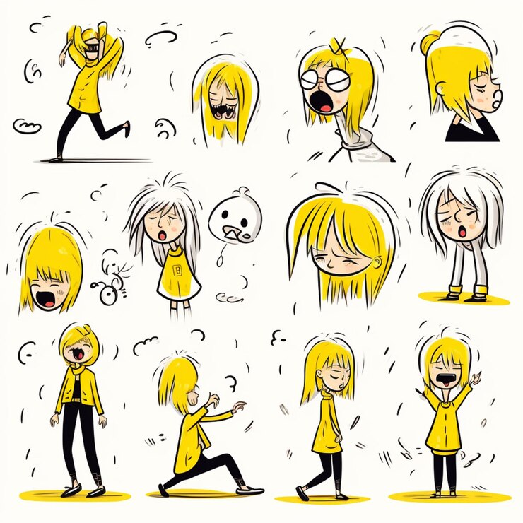 Foto chica de dibujos animados con diferentes expresiones y expresiones generativa ai