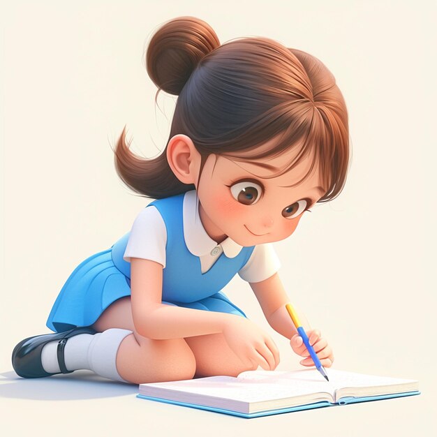 chica de dibujos animados escribiendo en un cuaderno mientras está sentada en el suelo