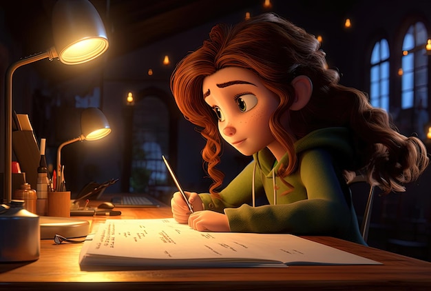 una chica de dibujos animados escribiendo en un escritorio con luces encendidas en el estilo de imágenes cinematográficas