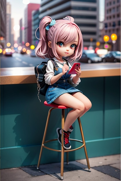 Chica de dibujos animados estilo anime joven hermosa belleza sentada en un taburete alto ilustración de papel tapiz