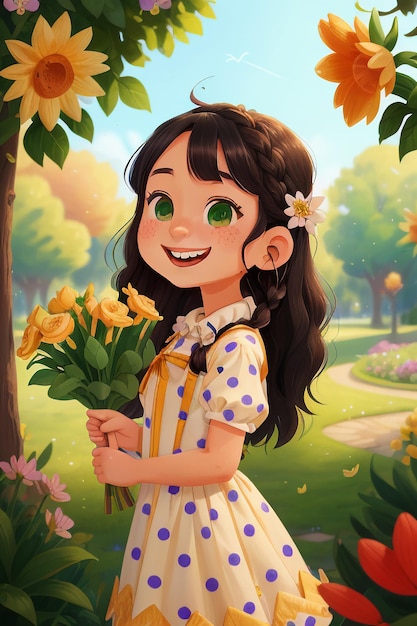 Chica de dibujos animados con flores Estilo anime Sonrisa hermosa Fondo de pantalla Ilustración de fondo