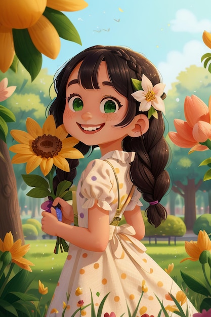 Chica de dibujos animados con flores Estilo anime Sonrisa hermosa Fondo de pantalla Ilustración de fondo