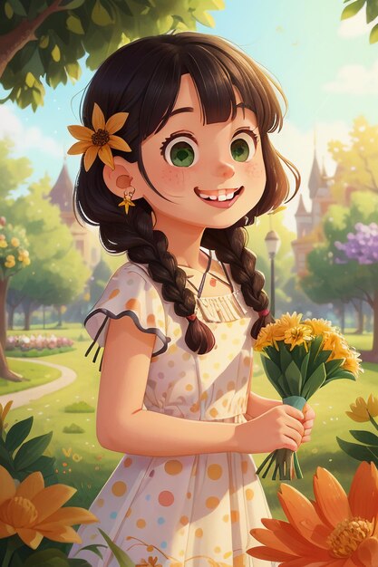 Chica de dibujos animados con flores Estilo anime Sonrisa hermosa Fondo de pantalla Ilustración de fondo