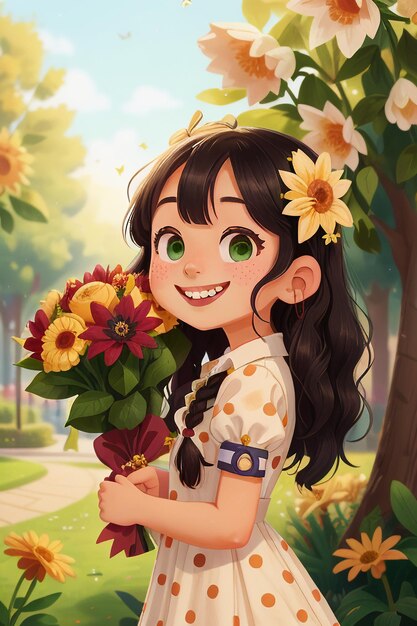 Chica de dibujos animados con flores Estilo anime Sonrisa hermosa Fondo de pantalla Ilustración de fondo