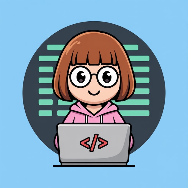 Chica de dibujos animados con gafas codificando en una computadora portátil frente a un fondo de codificación en un fondo azul