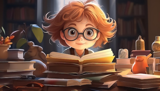 chica de dibujos animados con gafas y leyendo a través de una colección de libros en la mesa