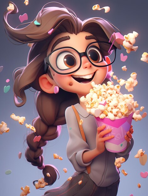 Foto chica de dibujos animados con gafas sosteniendo un cubo de palomitas de maíz y confeti