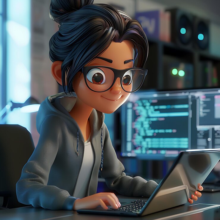 Foto chica de dibujos animados con gafas usando una computadora portátil en una habitación oscura