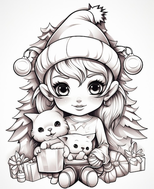 chica de dibujos animados con un gato y un árbol de Navidad con regalos generativo ai