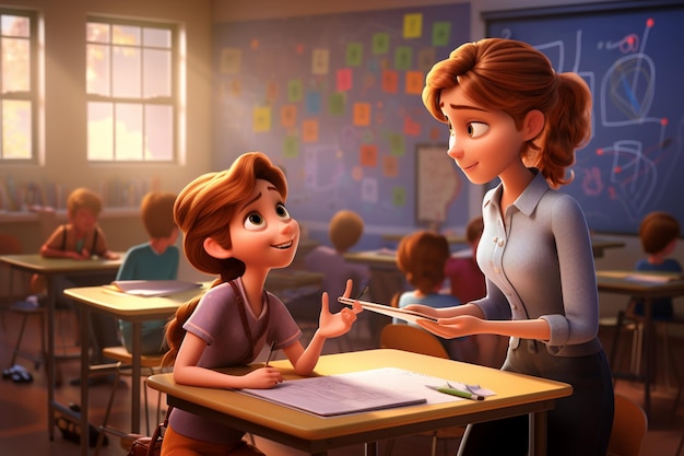 chica de dibujos animados hablando con un chico en un aula generativa ai