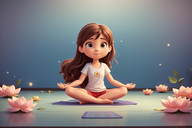 chica de dibujos animados linda en la postura del loto de yoga