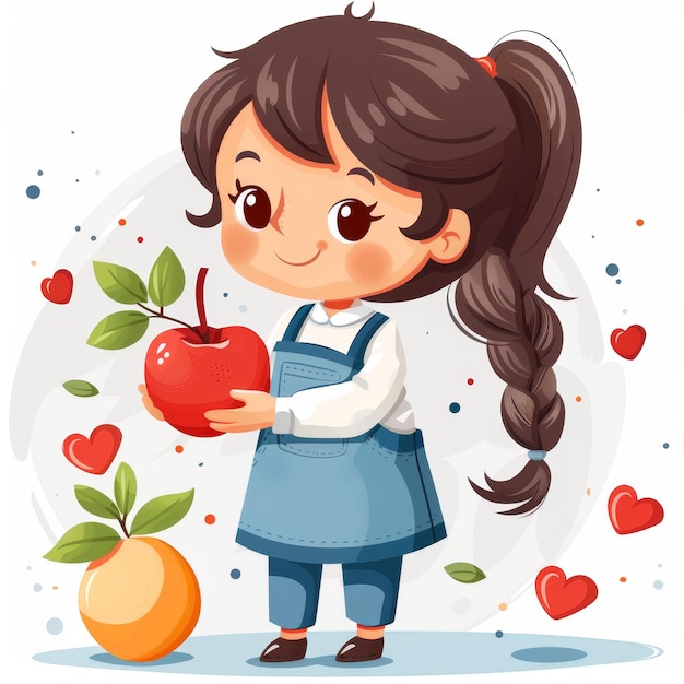 Chica de dibujos animados con una manzana roja en las manos