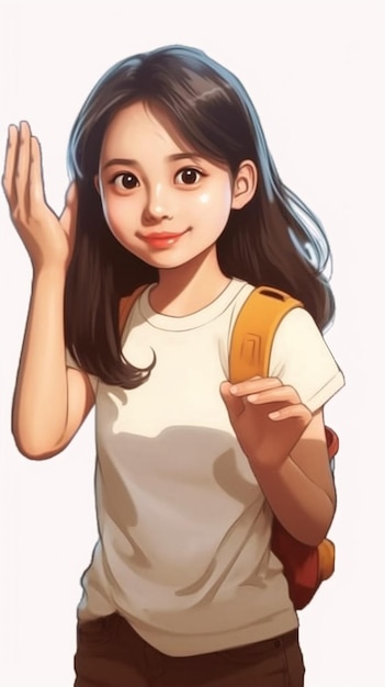 una chica de dibujos animados con una mochila agitando su mano generativa ai