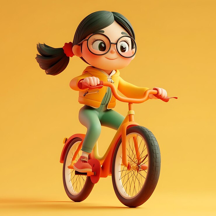 chica de dibujos animados montando una bicicleta con un fondo amarillo