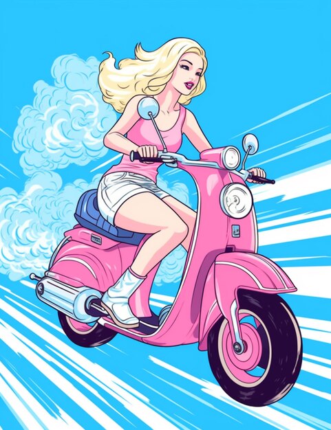 Foto chica de dibujos animados montando un scooter rosa con un fondo de cielo azul generativo ai
