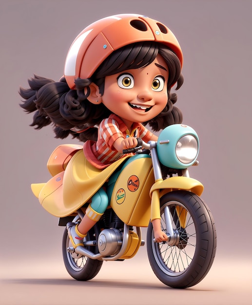 una chica de dibujos animados en una motocicleta amarilla con un casco puesto.