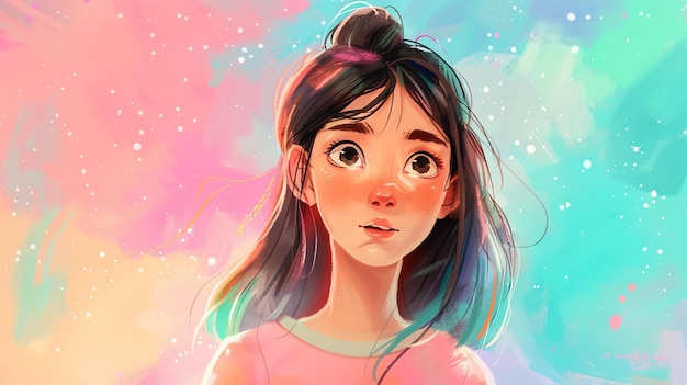 Chica de dibujos animados con ojos grandes y una camisa rosa mirando al cielo con asombro El fondo es un cielo brillante y colorido con un toque de estrellas