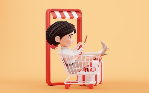 Chica de dibujos animados con renderizado 3d de carrito de compras