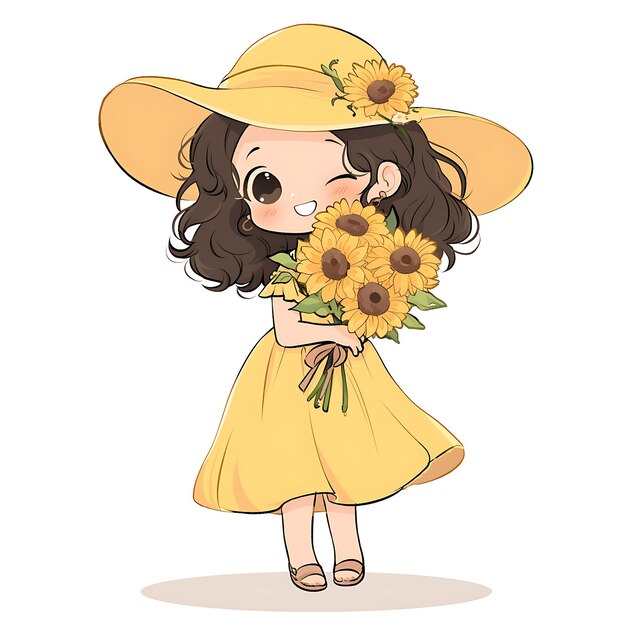 una chica de dibujos animados con un sombrero amarillo y un vestido amarillo con una imagen de una chica sosteniendo flores