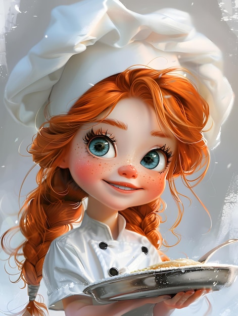 Chica de dibujos animados con sombrero de chef sosteniendo un plato de comida