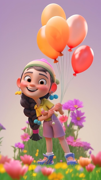 Chica de dibujos animados sosteniendo globos en un campo de flores ai generativo