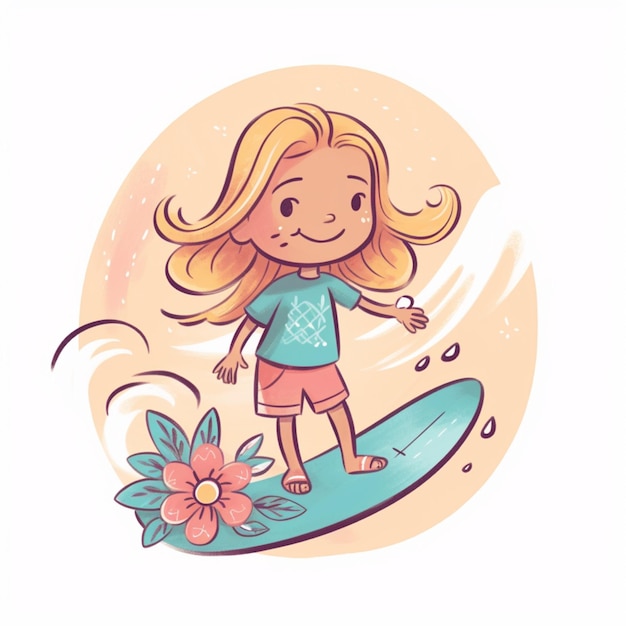 chica de dibujos animados en una tabla de surf con flores y hojas generativas ai