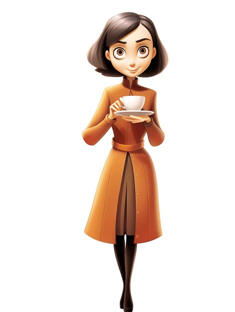 Una chica de dibujos animados con una taza de café.