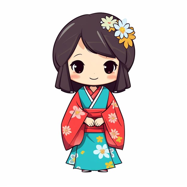 chica de dibujos animados en un traje de kimono con una flor en el cabello generativa ai