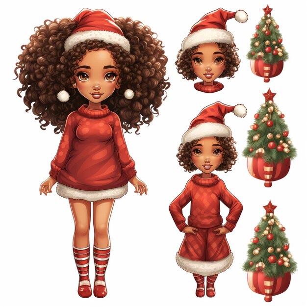 chica de dibujos animados en traje de Navidad rojo con árbol de Navidad y decoraciones generativa ai