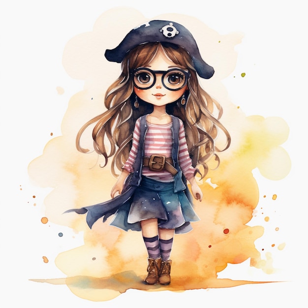 Foto chica de dibujos animados en traje de pirata con gafas y sombrero generativo ai