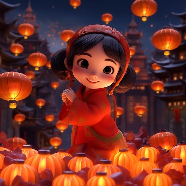 Una chica de dibujos animados con un traje rojo se encuentra entre un montón de calabazas.