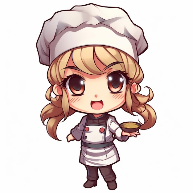 Chica de dibujos animados en uniforme de chef sosteniendo una taza de café ai generativo