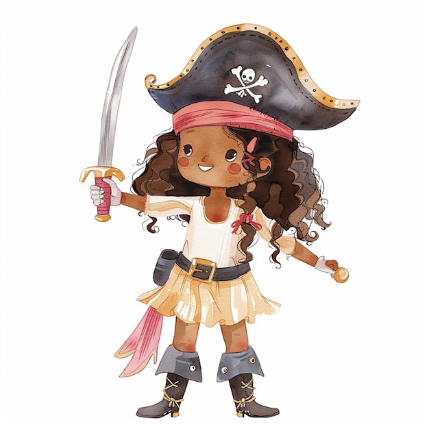 Foto chica de dibujos animados vestida con un disfraz de pirata sosteniendo una espada y un sombrero de pirata