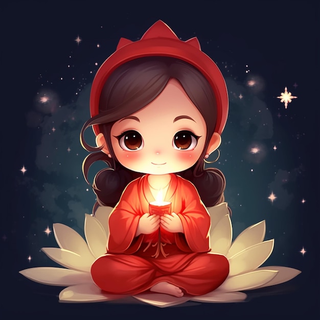 Una chica de dibujos animados con un vestido rojo sosteniendo una vela en sus manos.