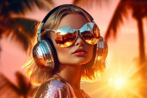 Chica disco con grandes auriculares y gafas de sol fiesta en la playa al  atardecer de verano