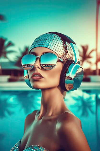 Chica discoteca con enormes auriculares y gafas de sol Fondo de verano con palmeras Fiesta en la piscina Fiesta en la playa