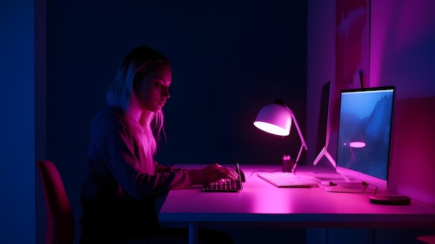 Chica diseñadora sentada en la mesa frente a la imagen generada por la red neuronal de la computadora