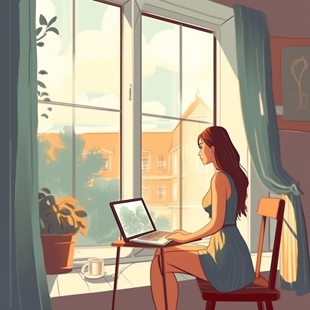 Chica diseñadora trabajando en una computadora portátil con ilustraciones realistas en un escritorio al lado de la ventana