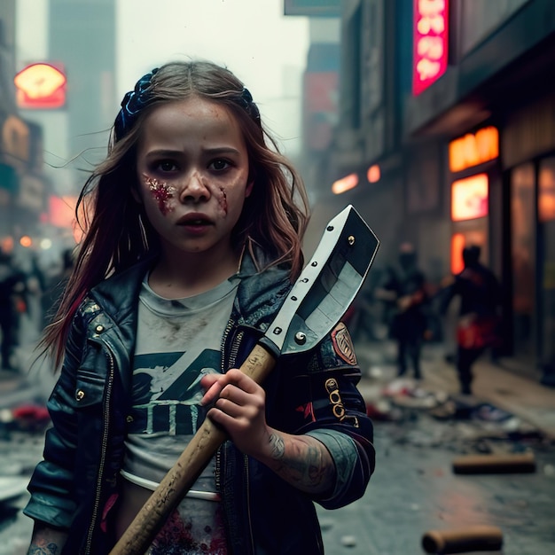 Una chica con un disfraz de zombi sosteniendo un hacha grande en una calle de la ciudad.