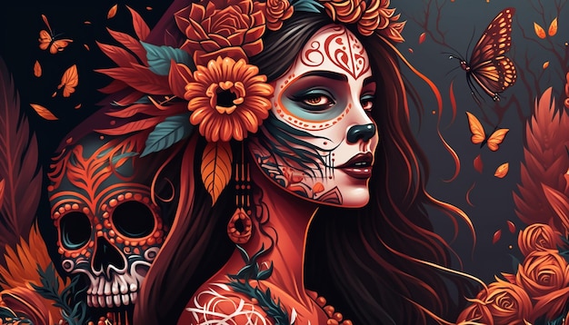 Chica disfrazada de carnaval mexicano fiesta de los muertos AI generativa