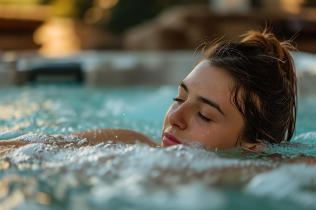 Foto chica disfrutando de una bañera de agua caliente con una mirada de tranquilidad en su cara
