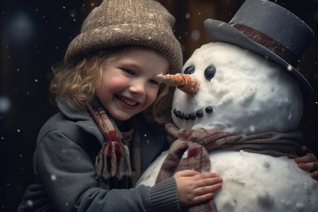 Chica divertida con muñeco de nieve