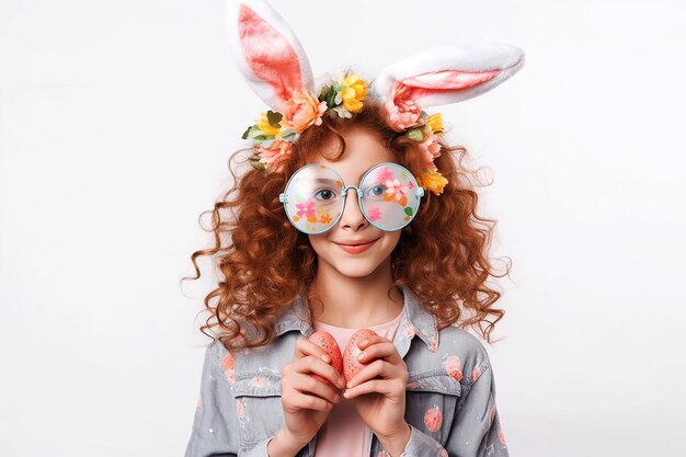 Chica divertida con orejas de conejo y grandes vasos sosteniendo huevos de Pascua sobre fondo blanco IA generativa