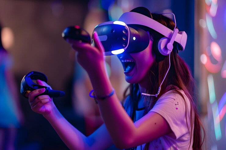 Foto una chica divirtiéndose con el juego mientras usa gafas de realidad virtual ar 32