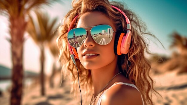 chica DJ atractiva con gafas de sol y auriculares