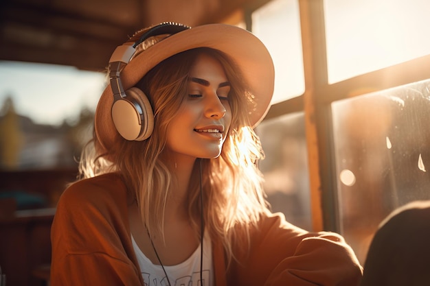 Foto a la chica elegante le encanta la música