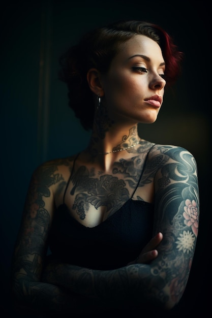 Foto chica elegante y epática con tatuajes y piercings, arte corporal dibujando en el cuerpo.